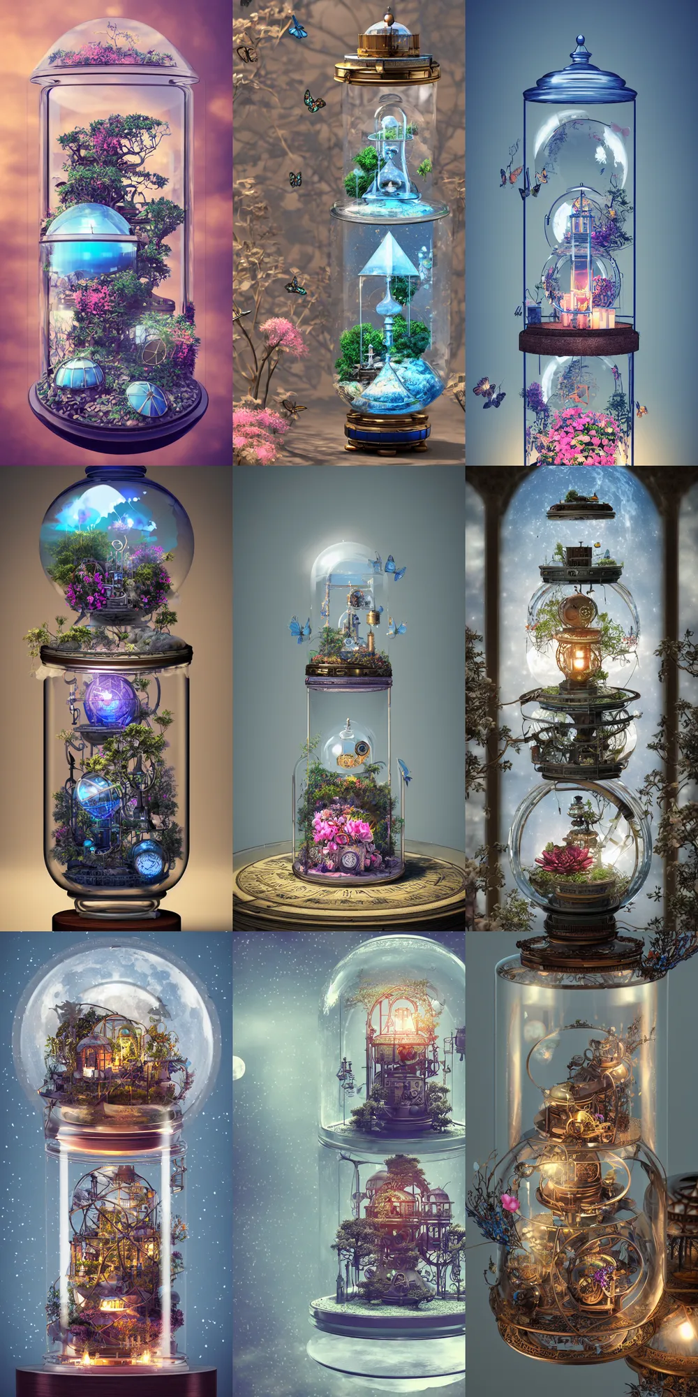 Prompt: steampunk observatory inside a glass jar, hourglass, blue and pink bonsai tree, flower garden, intricate detail, hyper detailed, ultra realistic, sharp focus, octane render, lantern candle, butterfly, volumetric, ray tracing, artstation trending, moon, fairy cgsociety, sense of awe, swirling mist, 4 k