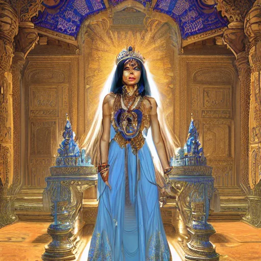 Prompt: An Indian princess with a very long ornate blue dress stands along in a very tall cavernous throne room filled with light. masterpiece 4k digital illustration by Ruan Jia and Mandy Jurgens and Artgerm and greg rutkowski, award winning, Artstation, Alphonse Mucha background, intricate details, realistic, panoramic view, Hyperdetailed, 8k resolution