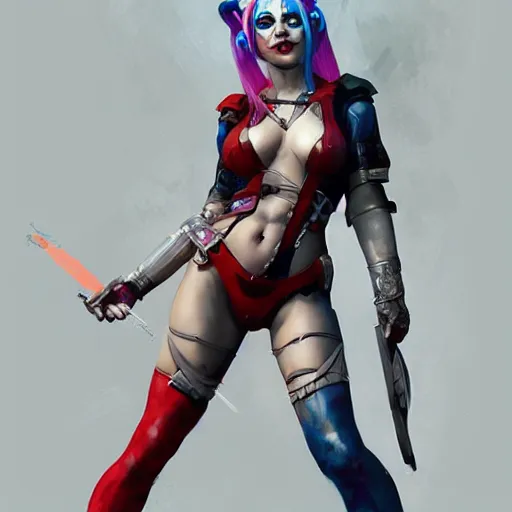 Image similar to portrait of Harley Quinn in bikini armor, dc comics, cyberpunk, Warhammer 40000, dark fantasy, digital art from artstation by Ruan Jia and Mandy Jurgens and Artgerm and william-adolphe bouguereau