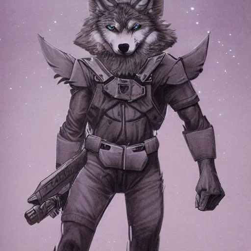 Image similar to 1 9 8 0 s video game art portrait of anthropomorphic wolf o'donnell from starfox fursona furry dark grey wolf in a dark space mercenary uniform, looking heroic, magazine scan, 8 0 s game box art, dark grey wolf o'donnell