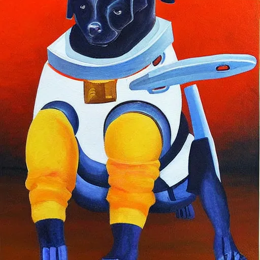 Image similar to a beautiful painting, dog in a space suite, by vladimir mayakovsky, long shot