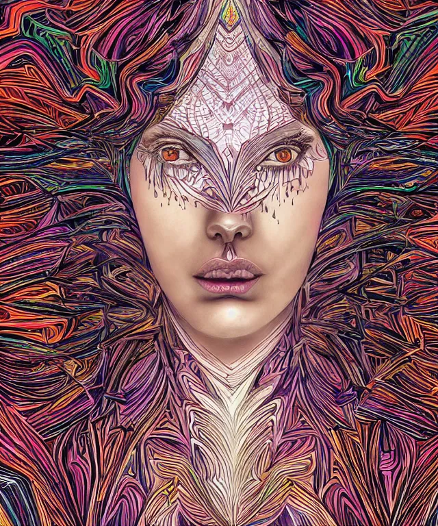 Image similar to A epic illustration of beautiful woman energetic symmetrical portrait by Michael Sydney Moore, Alex Grey, hyper detailed, 50mm, award winning photography