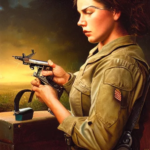 Prompt: a female soldier pressing a staple gun to her own head and looking depressed by thomas kincade realistic, high details