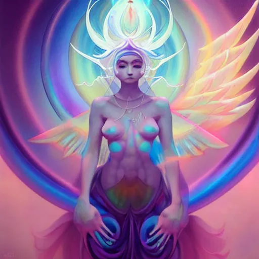 Prompt: psychedelic angelic celestial being artwork of peter mohrbacher, ilya kuvshinov ayahuasca, energy body, sacred geometry, esoteric art, rainbow colors, realist, abstract and surreal art styles with anime and cartoon influences divinity