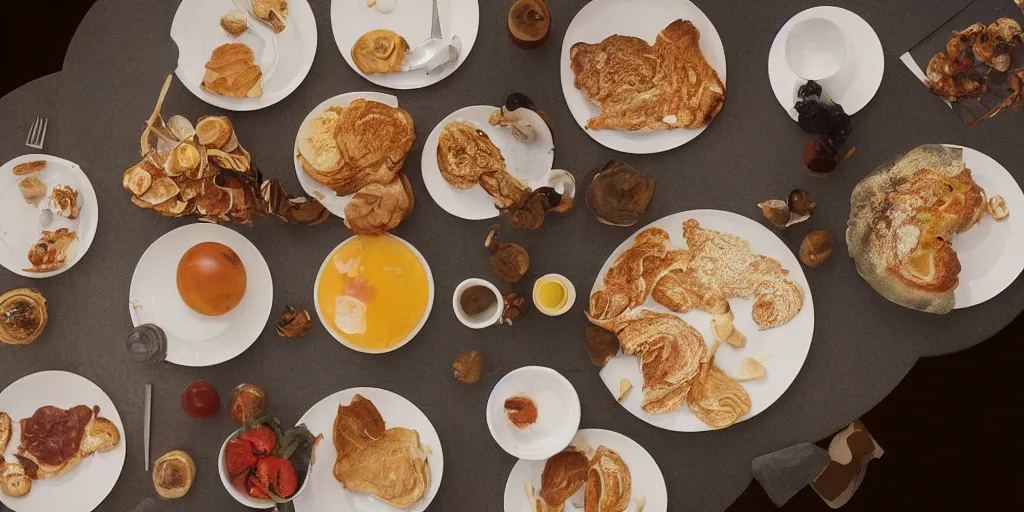 Prompt: Wolfgang Tillmans photograph of a breakfast table, still, photography, fine art photography
