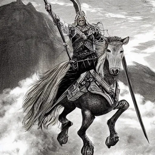 Prompt: the rohirrim riding into battle at minas tirith