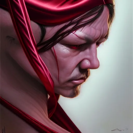 Image similar to chaotic burgundy satin ribbons instead of skin build image of mystic face, moebius, bao pham, donato giancola, larry elmore, masterpiece, trending on artstation, featured on pixiv, cinematic composition, beautiful lighting, sharp, details, hyper - detailed, hdr, 4 k, 8 k