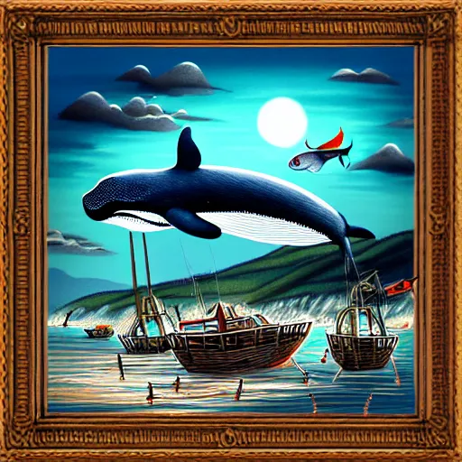 Prompt: giant whale flying, fishing village on the background, dramatic illumination, digital art