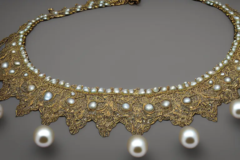 Prompt: historical, art nouveau, ornate, delicate, pearls and magical gemstones choker, around a neck, glowing inside, shiny precious metals, octane render, realistic, dramatic light, 3 d, photograph 4 k,