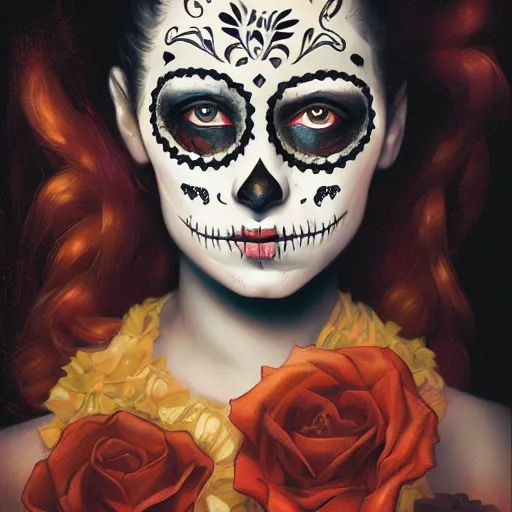 Prompt: portrait, day of the dead girl by petros afshar, hyper real, laurie greasley, jc leyendecker and singer sargent