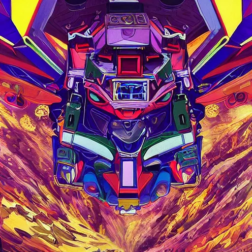 Image similar to An extremely Gundam psychedelic experience, colorful, surreal, mecha, robot, LSD, face, jet turbine, tarot, detailed, intricate, elegant, highly detailed, super detailed, insane detailed, digital painting, concept art, smooth, sharp focus, illustration, art by Krenz Cushar, Marco Plouffe, dan mumford, Artem Demura and alphonse mucha