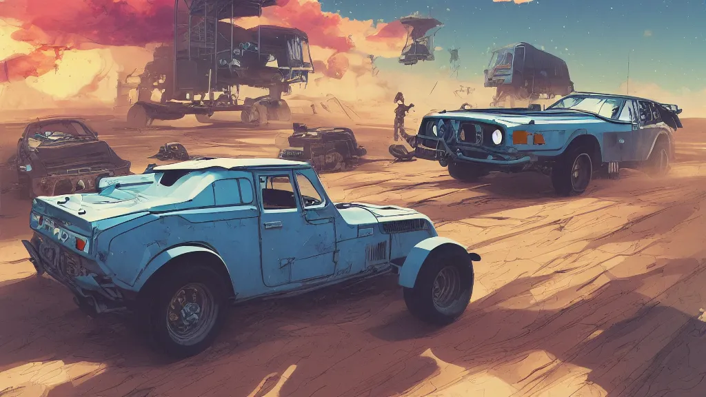 Image similar to digital illustration of mad max's fj 4 0 pursuit special, the last v 8 interceptor driving down a deserted cyberpunk highway in the middle of the day by studio ghibli, anime style year 2 0 9 3, by makoto shinkai, ilya kuvshinov, lois van baarle, rossdraws, basquiat