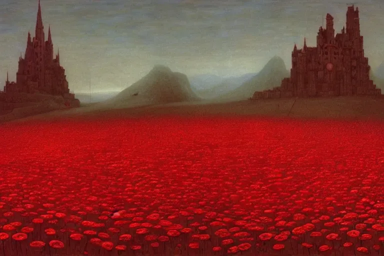 Prompt: only with red, red flowers of different types, a castle in the background, red orcs and trolls dance over the flowers, in the style of beksinski, part by hopper, part by rodcenko, part by hofbauer, intricate composition, red by caravaggio, insanely quality, highly detailed, masterpiece, red light, artstation