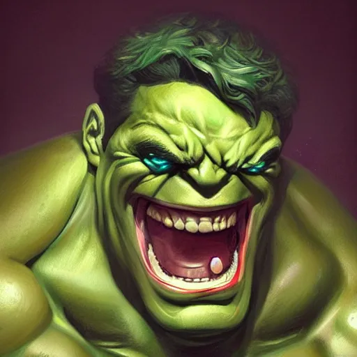 Prompt: a bodybuilder Hulk joker Android head in Rococo art, Greg rutkowski Trending artstation