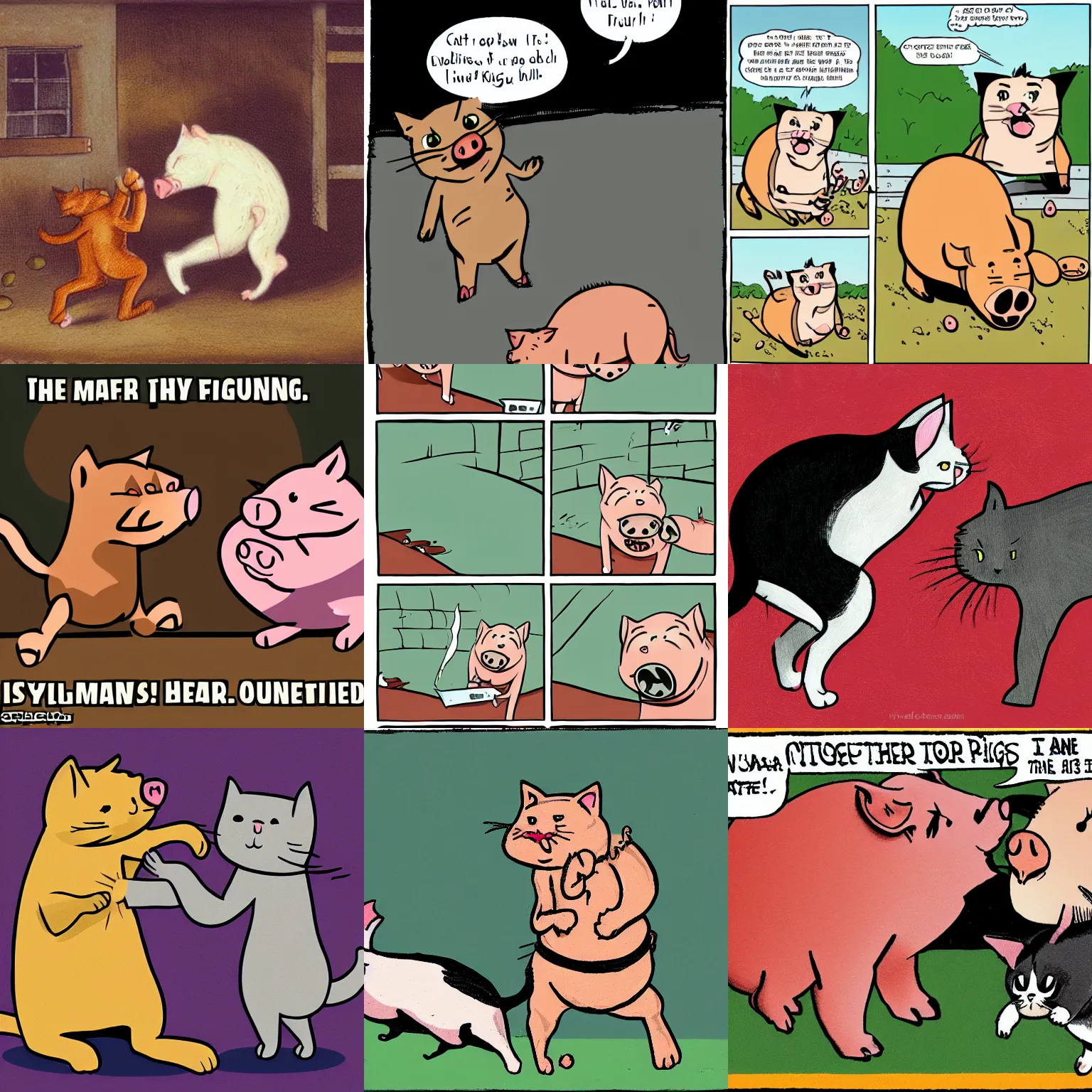 Prompt: cat fighting with a pig, comic