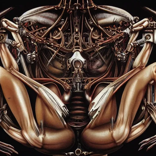 Prompt: britney spears integrated in biomechanical machine, heavy conduits, complex scene, rich composition, heavy in detail, corruption, smooth, sharp focus, airbrush, illustration, symmetrical, art by h. r. giger