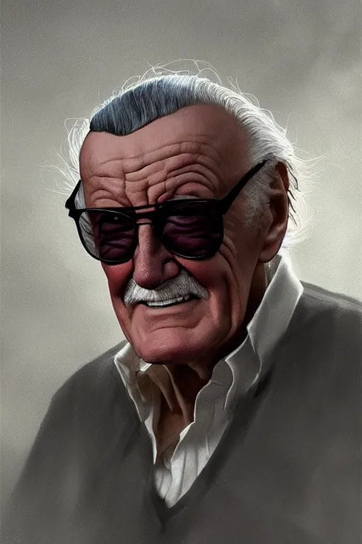 Prompt: Stan Lee on a caravaggio cloudy background, intricate, elegant, highly detailed, artstation, concept art, smooth, sharp focus, illustration, , digital art from artstation, digital art from deviantart, by Stjepan Sejic, Ruan Jia, and Mandy Jurgens, and Artgerm, and william adolphe bouguereau