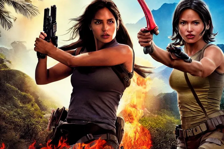 Image similar to Isabela Merced as Dora the Explorer vs Angelina Jolie as Lara Croft, movie poster, film by Michael Bay