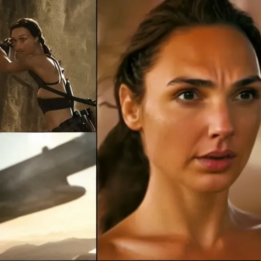 Image similar to still film of gal gadot as lara croft, cinematic, dramatic, middle shot