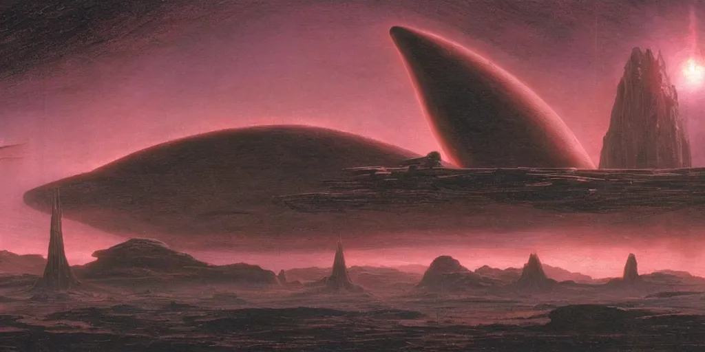 Image similar to large spaceship orbiting over a alien planet, volumetric light from nearby star, style by caspar david friedrich and wayne barlowe and ted nasmith.