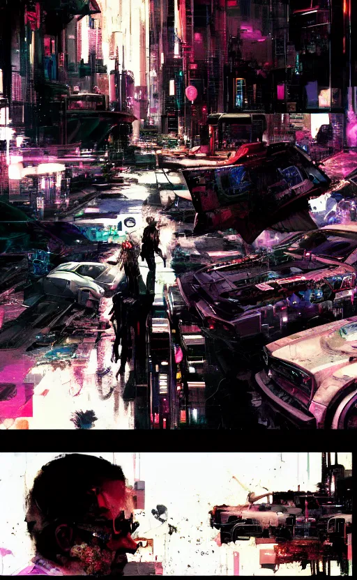 Prompt: Dynamic, delirious, creative panel style by Bill Sienkiewicz. Heavy chromatic abberation. Visual distortion. Sci-Fi cyberpunk Comic page made up of art by the best artists Trending on Artstation. Octane render, Raytracing, 3d masterpiece, fantastic lighting by James Gurney. Noir detective genre.