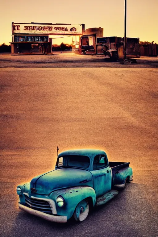 Image similar to a sunset light landscape with historical route 6 6, lots of sparkling details and sun ray ’ s, blinding backlight, smoke, volumetric lighting, colorful, octane, 3 5 mm, abandoned gas station, old rusty pickup - truck, beautiful epic colored reflections, very colorful heavenly, softlight