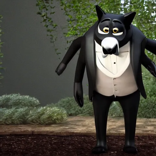 Image similar to a wolf as a gentleman wearing tuxedo on the pixar biome, smooth render, wet reflections, studio lighting, cinematic perspective, full hd