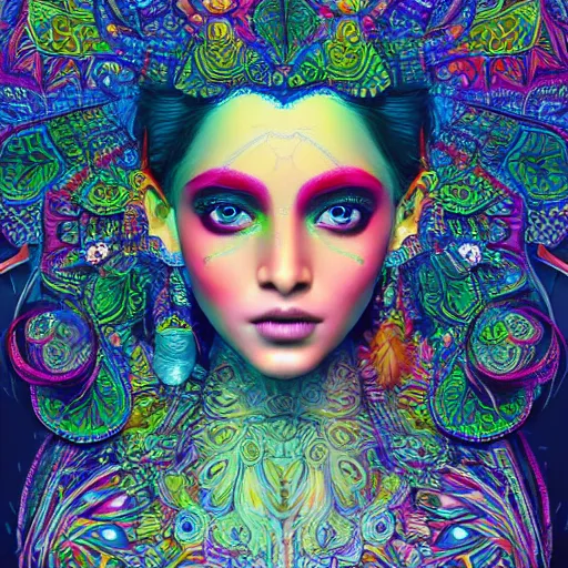 Image similar to the face of a ridiculously beautiful and pretty indian woman partially made of onion rings of all colors looking down, an ultrafine detailed illustration by james jean, final fantasy, intricate linework, bright colors, behance contest winner, vanitas, angular, altermodern, unreal engine 5 highly rendered, global illumination, radiant light, detailed and intricate environment
