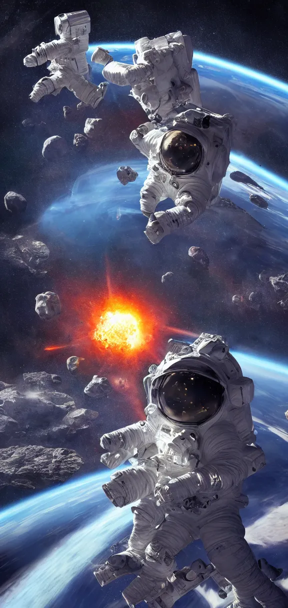 Prompt: photo of 8k ultra realistic astronaut riding asteroids, nasa, clear sky, full of colour, cinematic lighting, battered, trending on artstation, 4k, hyperrealistic, focused, extreme details,unreal engine 5, cinematic, masterpiece, art by Robert McCall