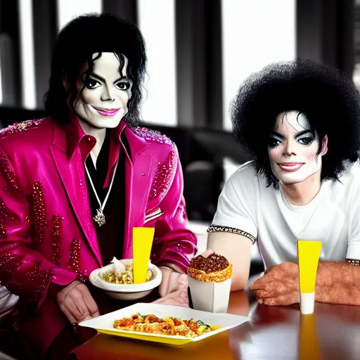 Image similar to Michael Jackson and Prince at a McDonald's having lunch, flash photography, Nikon D810, Sigma 85mm, award winning