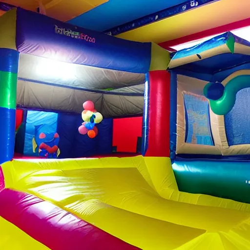 Image similar to a darkly lit indoor children's bounce house photo taken with a deposable camera limital space