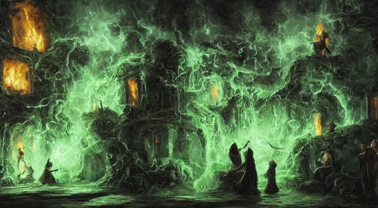 Prompt: A highly detailed oil painting by Greg Rutkowski of a group of sorcerers wearing black robes making a potion in a huge bubbling cauldron glowing bright green, with lots of fire coming from it, highly detailed fantasy concept artwork, very realistic, green and black color scheme, graffiti.