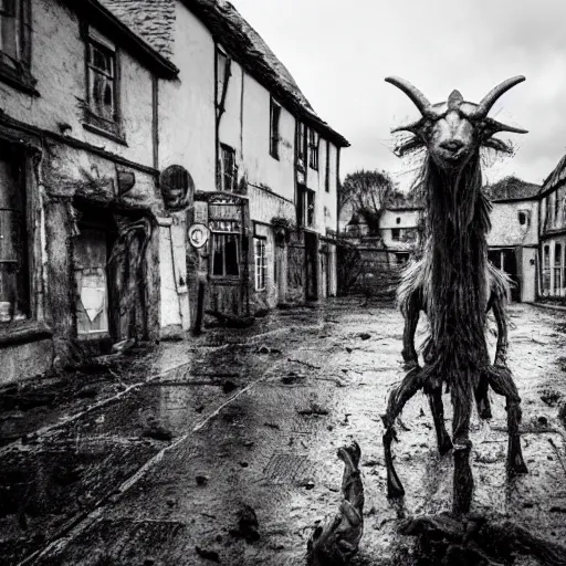 Prompt: horror, moody, still from film, daytime, muddy village square, wide shot, huge, roaring mutant goat monster, powerful, stumpy legs have human hands instead of hoofs, filthy jagged teeth in gaping mouth, matted dirty fur, in muddy medieval village square