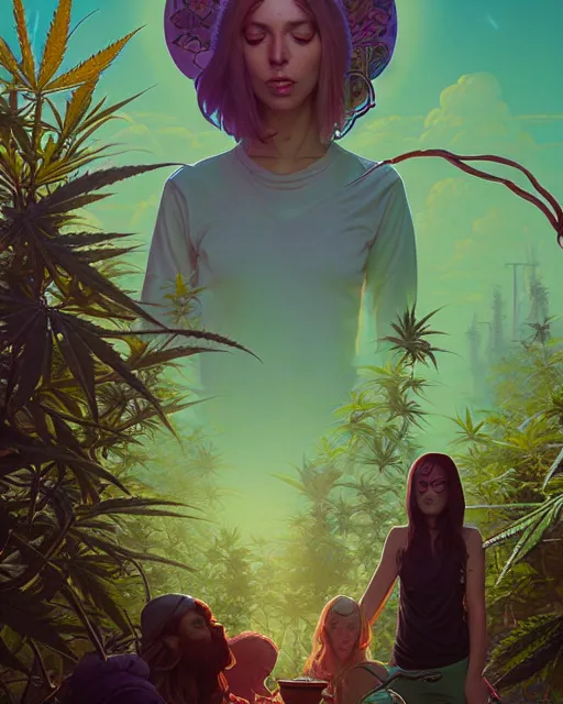 Prompt: highly detailed surreal vfx portrait of a marijuana weed cult, stephen bliss, unreal engine, greg rutkowski, loish, rhads, beeple, makoto shinkai and lois van baarle, ilya kuvshinov, rossdraws, tom bagshaw, alphonse mucha, global illumination, detailed and intricate environment