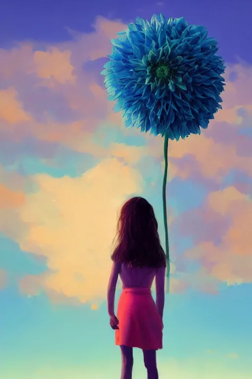 Image similar to closeup girl with huge dahlia flower head, on beach, surreal photography, blue sky, sunrise, dramatic light, impressionist painting, digital painting, artstation, simon stalenhag