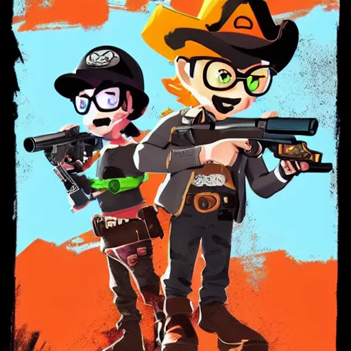 Prompt: Splatoon Inklings in the style of Red Dead Redemption 2, cell shaded game box cover