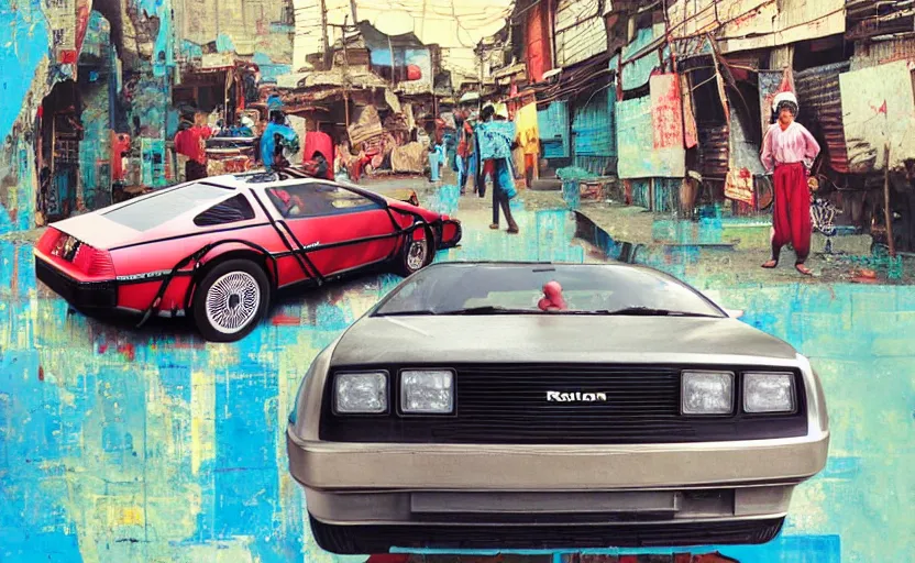 Image similar to a red delorean in ajegunle slum of lagos - nigeria, painting by hsiao - ron cheng & salvador dali, magazine collage & ukiyo - e style, masterpiece.