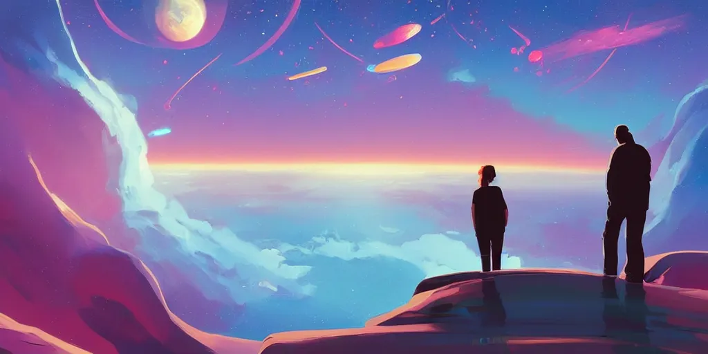 Image similar to two people looking out a window at the sky, poster art by rhads, behance contest winner, space art, synthwave, retrowave, speedpainting