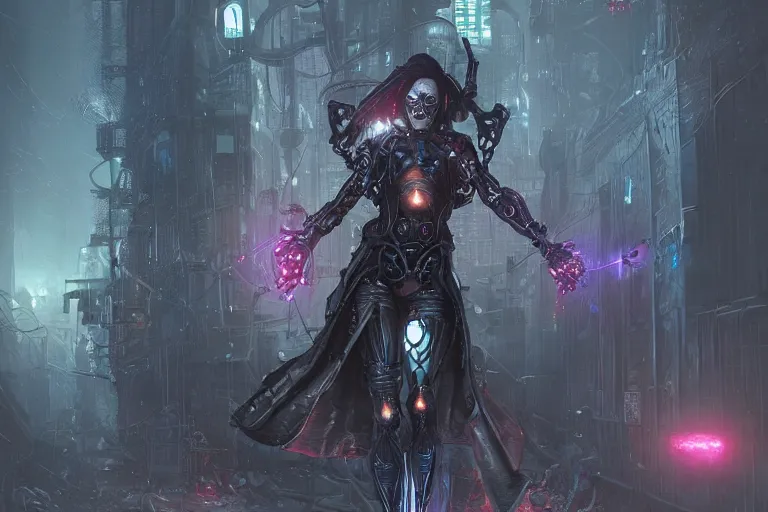 Prompt: cyborg female necromancer dark magic summoning ritual, highly detailed full body portrait, scifimedieval gothic cyberpunk city background, special effects, cinematic lighting, grimdark atmosphere, sparks, energy shield, highly detailed, futuristic street, foggy weather, masterpiece, trending on artstation, art by eddie mendoza