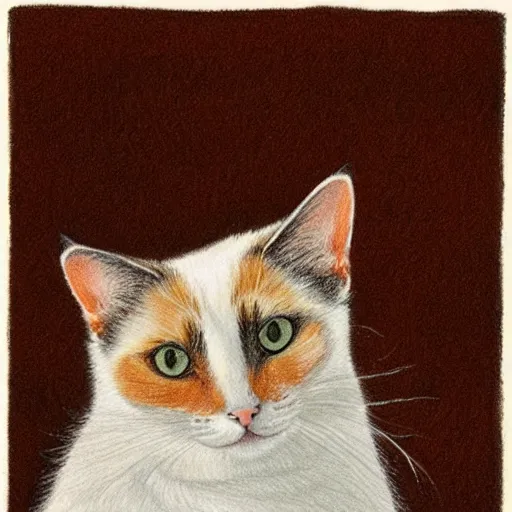 Prompt: a beautiful drawing of a calico cat, orange, black and white fur colors, by quint buchholz