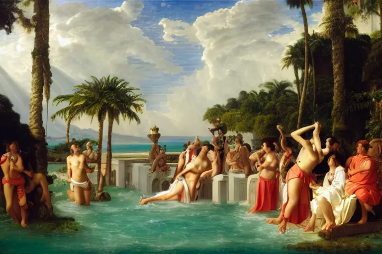 Image similar to Palace floating in heaven, 1km tall, thunderstorm, greek pool, beach and tropical vegetation, major arcana sky, people dancing by paul delaroche, hyperrealistic 4k uhd, award-winning very detailed, heaven paradise