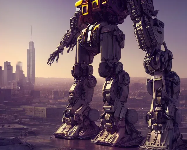Image similar to a beautiful hyperrealistic ultradetailed 3D render of a gigantic mecha standing behinder the city, by brian sum and stephen martiniere and Antonio Manzanedo. mech, octane render, PBR, 3D, brilliantly colored, intricate, wide angle, volumetric lighting, polished, path tracing