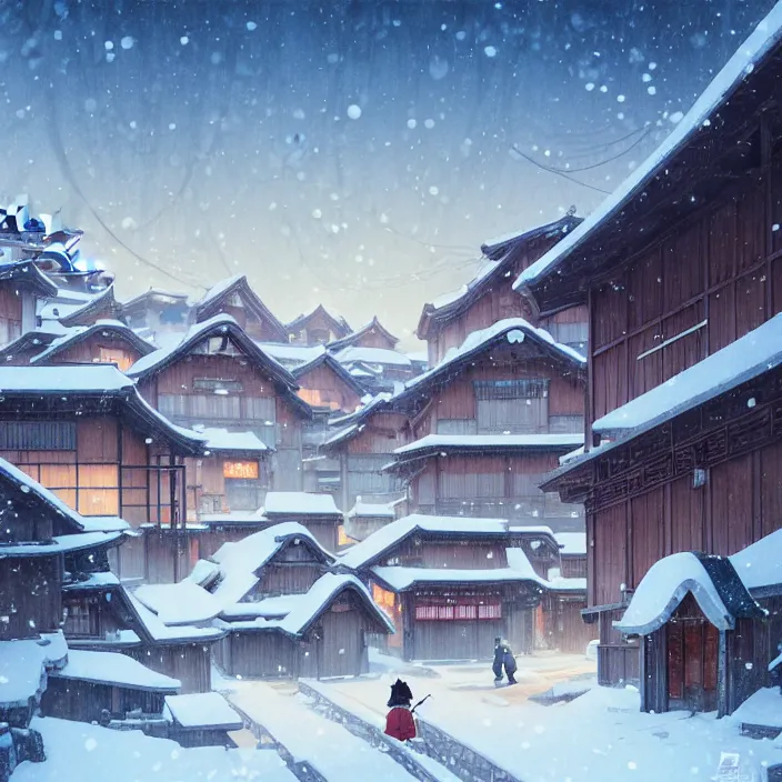 Image similar to japanese rural town, winter, in the style of studio ghibli, cinematic, j. c. leyendecker, greg rutkowski, artem, john harris