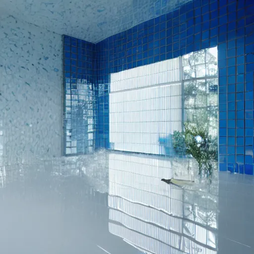 Prompt: flooded room made of white tiles, liminal space, surreal, minimalist architecture, blue water,