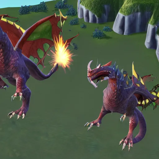 Prompt: a screenshot from runescape with two magical dragons perched on top of lumbridge