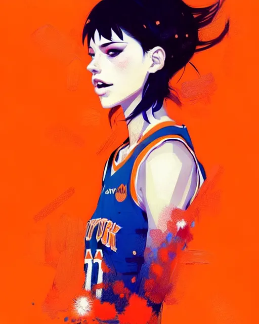 Image similar to a ultradetailed beautiful panting of a stylish girl in a knicks jersey, by conrad roset, greg rutkowski and makoto shinkai, trending on artstation