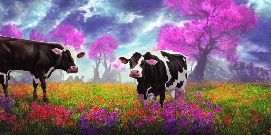 Image similar to fantasy artwork of a cow in a field of glowing flowers