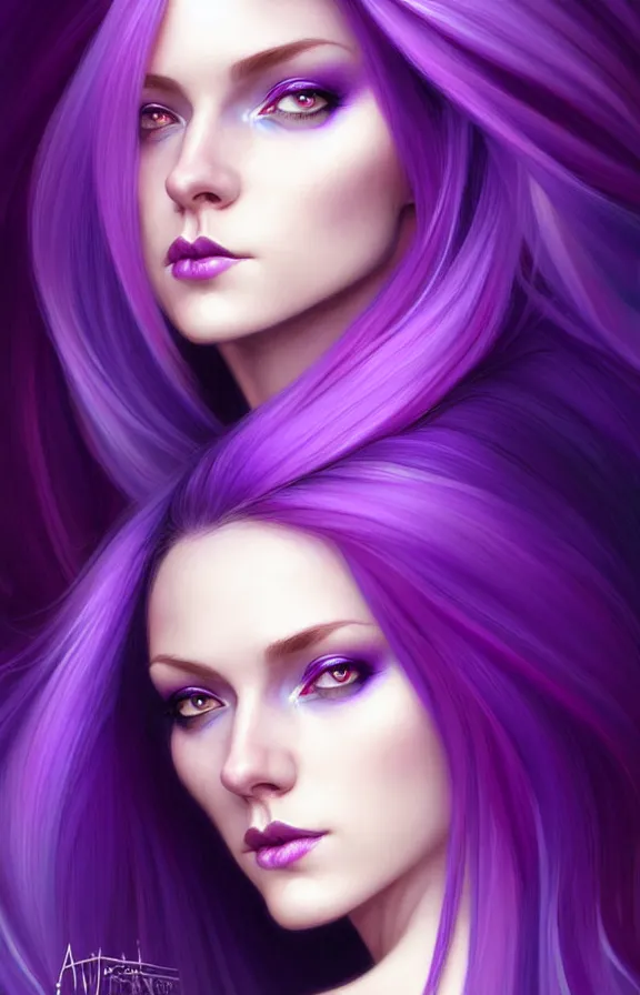 Image similar to Purple hair relistic Portrait of a woman with bright colored hair, all shades of purple. Hair coloring, long hair, blue eyes, fantasy, intricate, elegant, highly detailed, digital painting, artstation, concept art, smooth, sharp focus, illustration, art by artgerm and greg rutkowski and alphonse mucha