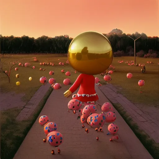 Image similar to yayoi kusama being chased by a ballon dog, nendroid, art by wgreg rutkowski. during golden hour. extremely silly.