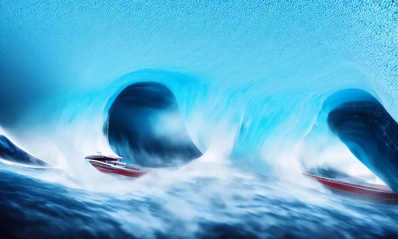 Image similar to speeding yacht speeding and breaking wave inside giant wave tunnel, by national geographic blue earth, high speed photography, refractions, nazare (portugal), artstation, octane render, 4k, moody colors, award winning photography, detailed, atmospheric lighting, volumetric lighting, concept art